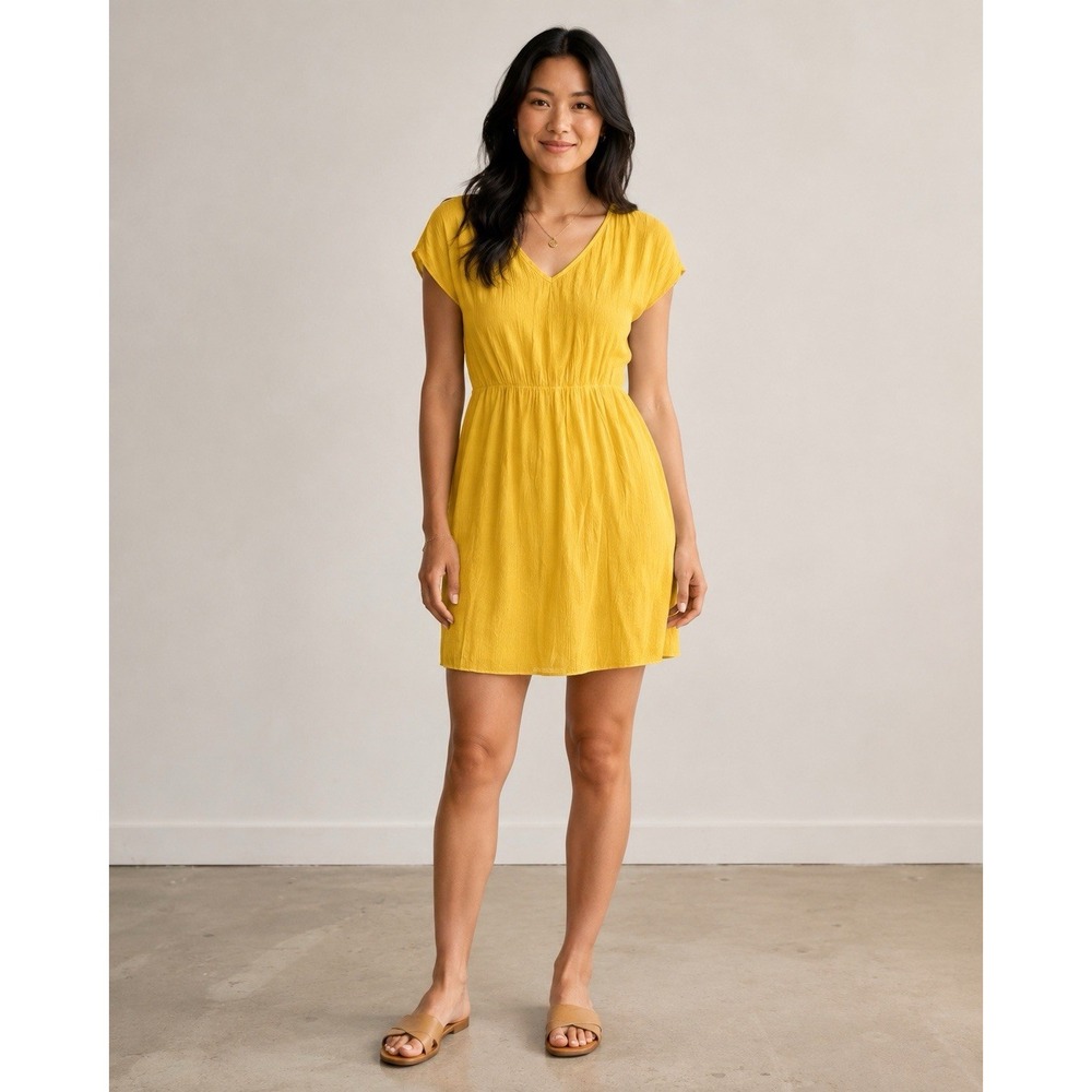 Yellow Crinkle Gauze Dress V Neck Elastic‎ Waist Boho Beach Cover Up Sheer Resor